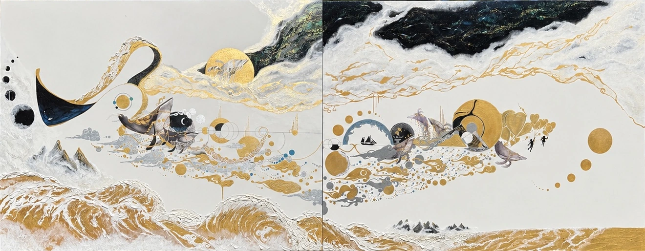 Rhapsody by Ku Dongha — a diptych of whales, golden waves and light